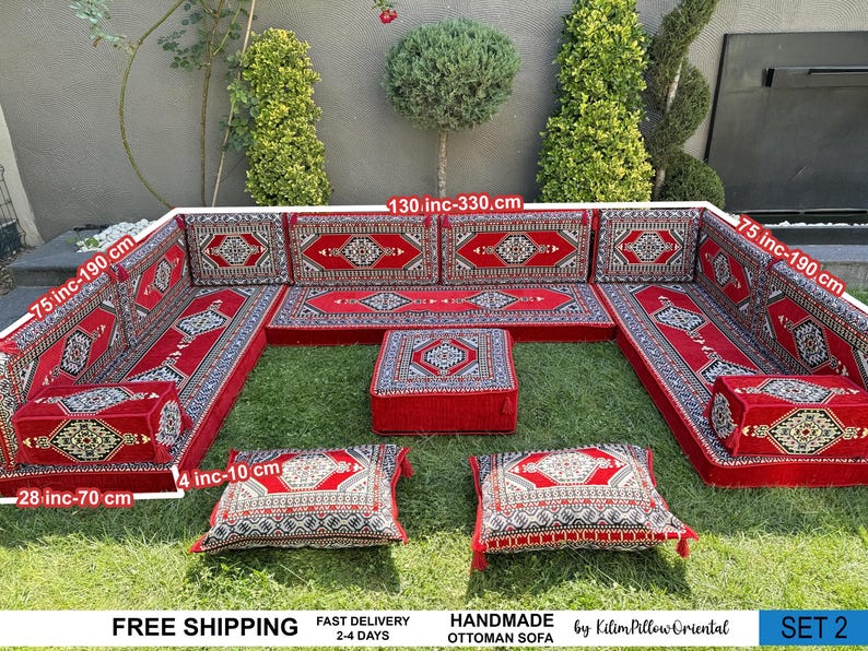 Floor sofa, Arabic seating, Moroccan sofa, U-shaped sofa, Sectional floor seating, Majlis seating, Floor cushions, Living room floor sofa, imagem 3