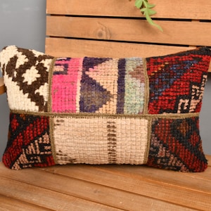 Throw Kilim Pillow, Home Decor Pillow, 12x20 Pillow for Couch, Boho Pillow Sham Cover, Beige Cushion Case, Lumbar Pillow, Patchwork Pillow,