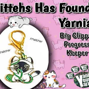 May include: A gold-colored cat-shaped yarn needle holder with a large clip. The needle holder is decorated with a white cat with black markings holding a ball of yarn. The text "meow" appears twice on the image. The text "Yank our yarn" appears on a green circle with a paw print.