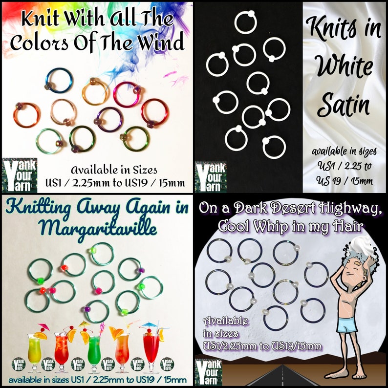 K&ouml;nnte beinhalten: Buntfarbene Strickringmarker in verschiedenen Gr&ouml;&szlig;en, mit dem Text "Knit With All The Colors Of The Wind" und "Knitting Away Again in Margaritaville".