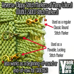 May include: Close-up of green knitted fabric with stitch markers attached. The image shows gold and silver-colored stitch markers with red beads. Text on the image reads "Reversa-Clippy Stitch Markers of Many Colors! DOUBLE-SIDED Stitch Markers!"