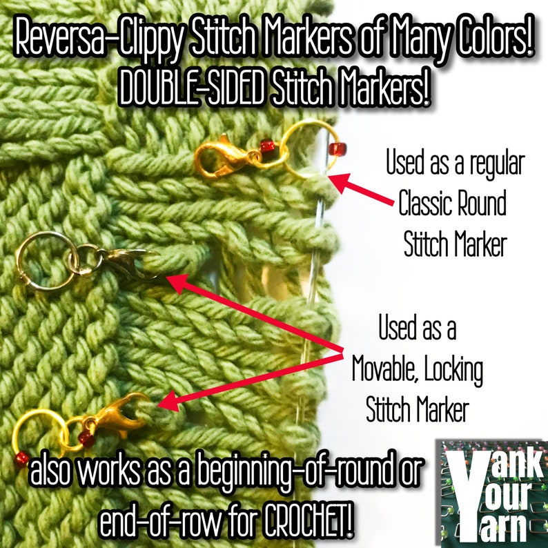May include: Close-up of green knitted fabric with stitch markers attached. The image shows gold and silver-colored stitch markers with red beads. Text on the image reads "Reversa-Clippy Stitch Markers of Many Colors! DOUBLE-SIDED Stitch Markers!"