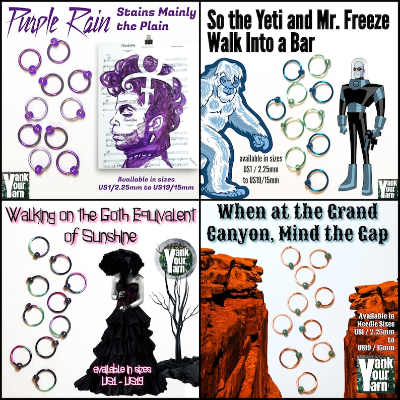 K&ouml;nnte beinhalten: Eine Collage aus vier Bildern mit einem humorvollen Thema. Jedes Bild zeigt eine andere Szene mit einem Wortspiel als Bildunterschrift. Die Bilder sind von einer Vielzahl bunter Metallringe mit kleinen Perlen umgeben. Der Text auf den Bildern lautet: "Purple Rain Stairs Mainly the Plain", "So the Yeti and Mr. Freeze Walk Into a Bar", "Walking on the Goth Equivalent of Sunshine", und "When at the Grand Canyon, Mind the Gap".