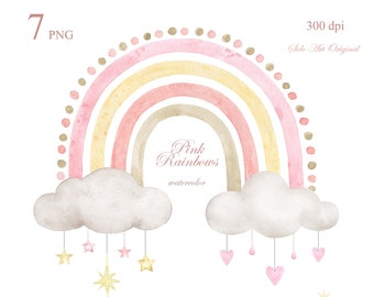 Pink Rainbow Clipart, Watercolor Baby Shower PNG (Digital Download)