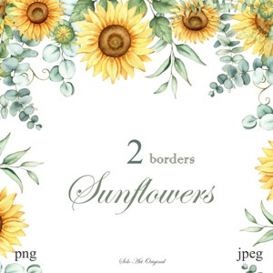 Bordure florale tournesol, cadre Clipart, fond de verdure, couronne aquarelle botanique, PNG JPEG, faire-part de mariage feuillu, carte de voeux