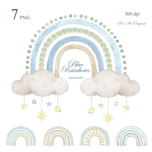 Baby shower de arcoíris para niño, nubes azules, clipart para recién nacido, PNG, pintura de acuarela, clip art, tarjeta de felicitación