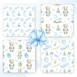 Teddy bear Baby boy Digital Paper Blue nursery Seamless Patterns Rainbow Сute animals Watercolor hand painted Scrapbooking floral background