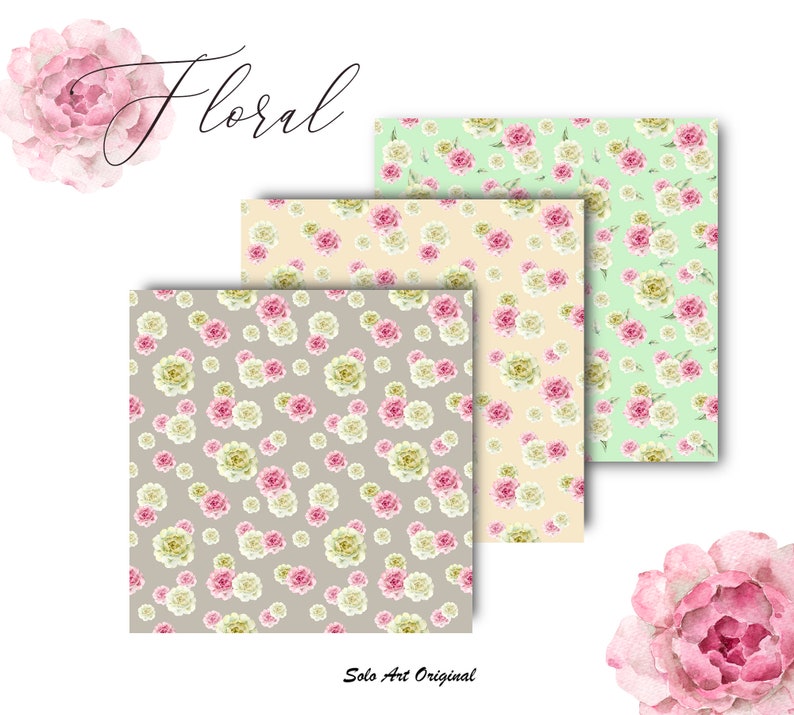 Floral Flowers patterns Digital Paper Seamless Patterns Pink roses Pack of sheets Watercolor painting Scrapbooking background
