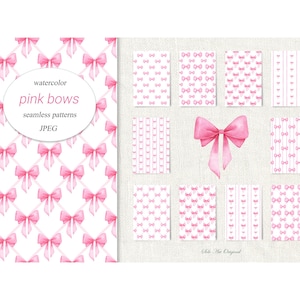 Könnte beinhalten: Aquarellmuster mit rosa Schleifen auf weißem Hintergrund. Das Bild zeigt verschiedene nahtlose Designs mit sich wiederholenden Schleifenmustern, eine einzelne Schleifenillustration und den Text "watercolor pink bows seamless patterns JPEG".