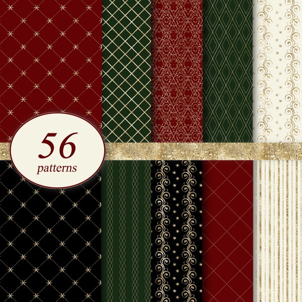 Christmas gold backgrounds Christmas Scrapbook Paper. Seamless patterns. Watercolor red,green,black,cream Textile design.