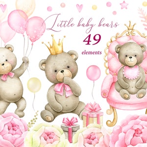 Petit ours Shower de bébé fille rose Floral Clipart bébé nouveau-né PNG peinture à l'aquarelle Clip art carte de voeux Scrapbooking