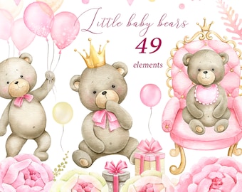 Little bear Baby girl shower Pink Floral Clipart  Baby newborn PNG Watercolor painting Clip art Greeting card Scrapbooking