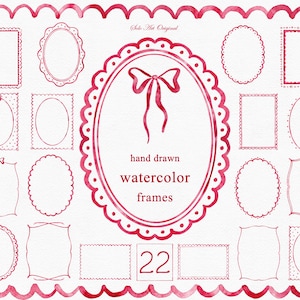 May include: A set of 22 hand-drawn watercolour frames in red. The frames are in various shapes, including oval and rectangular designs. The image includes a decorative ribbon and scalloped edges. The text "hand drawn watercolour frames" is also included.