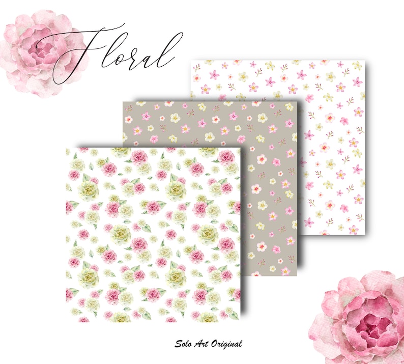 Floral Flowers patterns Digital Paper Seamless Patterns Pink roses Pack of sheets Watercolor painting Scrapbooking background