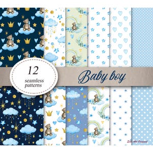 Baby boy Digital Paper Baby shower Seamless Patterns Pack of 12 sheets Watercolor Textile design, baby clothes Scrapbooking  background