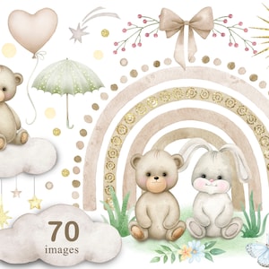 Teddy bear Boho rainbow Baby shower boy,girl,neutral gender Bunny Floral frame Clipart newborn PNG Watercolor painting Clip art