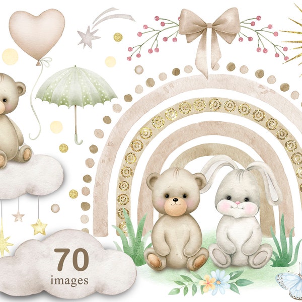 Teddy bear Boho rainbow Baby shower boy,girl,neutral gender Bunny Floral frame Clipart newborn PNG Watercolor painting Clip art