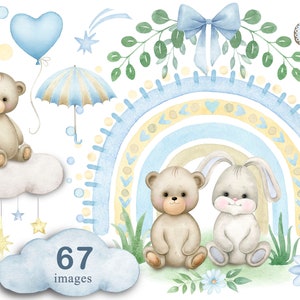 Regenboog teddybeer babyjongen douche konijn blauw bloemen frame Clipart pasgeboren PNG aquarel schilderij illustraties wenskaart