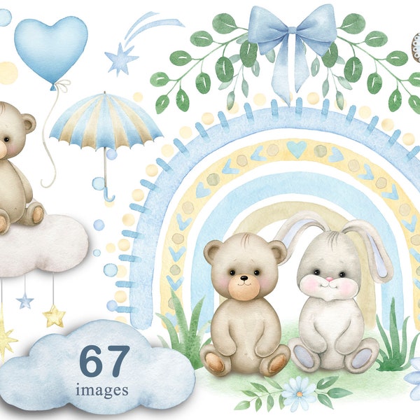 Rainbow Teddy bear Baby boy shower Bunny blue Floral frame Clipart newborn PNG Watercolor painting Clip art Greeting card