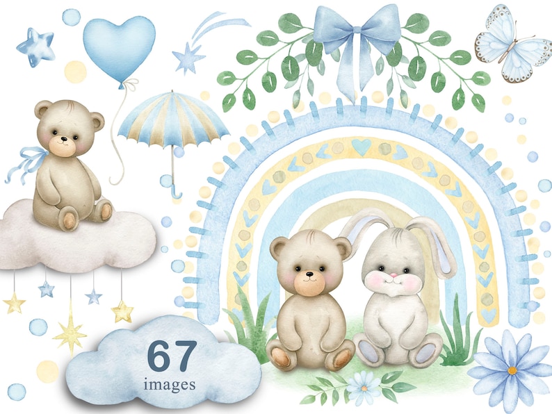 Rainbow Teddy bear Baby boy shower Bunny blue Floral frame Clipart newborn PNG Watercolor painting Clip art Greeting card image 1