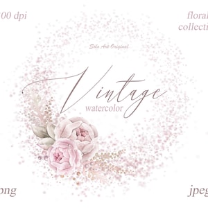 ヴィンテージの花のフレーム ピンクのブラッシュの花 水彩画 ほこりっぽいバラ 花輪 植物 PNG JPEG 葉っぱ 結婚式の招待状
