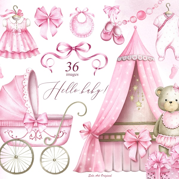 Shower de bébé fille nounours rose chambre d'enfant animaux mignons PNG petit ours clipart floral bébé nouveau-né peinture aquarelle feuilles carte de voeux