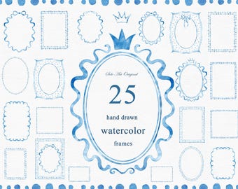 Könnte beinhalten: Aquarell-Illustration von 25 handgezeichneten Rahmen in verschiedenen Formen, darunter ovale und rechteckige Designs. Die Rahmen sind in Blautönen gehalten, mit einer Krone und einem dekorativen Rand. Der Text lautet "25 hand drawn watercolor frames".