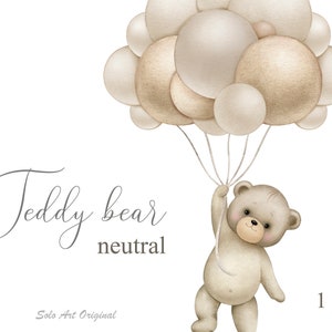 Orsetto Clipart palloncini Baby shower neutro Marrone pastello Cuccioli di animali PNG Pittura ad acquerello Biglietto di auguri Scrapbooking