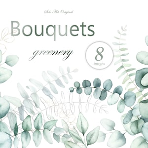 Bouquets d'Arrangements floraux de verdure Feuilles d'eucalyptus Clipart aquarelle Branches de feuilles vertes Faire-part de mariage Carte de voeux