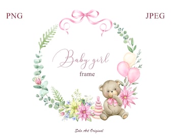 Teddy bear Baby girl shower Frame  PNG JPEG Clipart Watercolor frame with pink flowers  Wreath Clip art Greeting card Scrapbooking