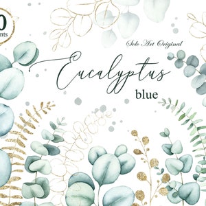 Grüne Eukalyptusblätter Aquarell Clipart Gold Blattgrün Einzelne Elemente Blatt Zweige Blumen Hochzeitseinladung Grußkarte