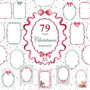 May include: A collection of watercolour Christmas images. The designs include red and green frames with bows and ribbons. The central image displays the text "79 images Christmas watercolor". The background is white with small, scattered dots.