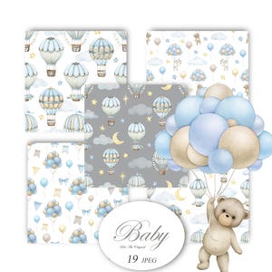 Baby boy Teddy bear Digital Paper Seamless Patterns,Hot air balloons,cute animals. Watercolor Baby shower Scrapbooking background