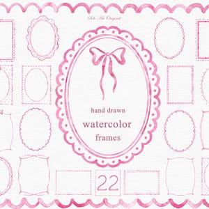 Op de afbeelding: Handgetekende aquarel frames in verschillende vormen, waaronder ovale en rechthoekige ontwerpen, in roze tinten. De afbeelding bevat de tekst "hand drawn watercolor frames" en het nummer "22". Een decoratieve lintrand omringt de frames.
