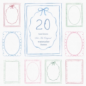 May include: A collection of hand-drawn watercolour frames in shades of red, blue, green, and pink. The image shows oval and rectangular frames, some with bow details. Text reads "20 hand drawn watercolour frames".