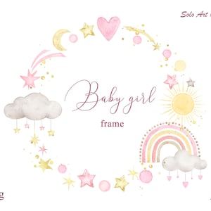 Moldura de menina Boho arco-íris chá de bebê PNG JPEG Clipart Moldura aquarela com arco-íris rosa, nuvens, estrelas Clip art Cartão de felicitações