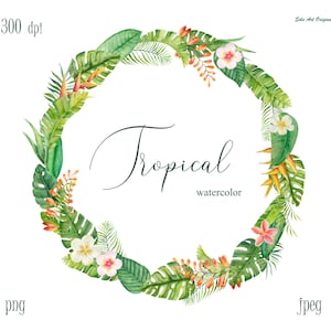 Tropische bloemenkrans PNG Clipart aquarel rond frame met tropische bladeren bloem Clip art bruiloft uitnodiging wenskaart Scrapbooking
