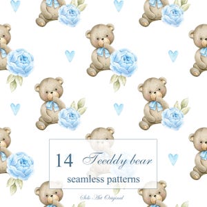 Teddy bear Baby boy Digital Paper  Baby shower Seamless Patterns Сute animals Watercolor hand painted Scrapbooking floral background