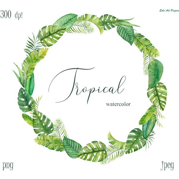 Tropical Greenery Wreath PNG Clipart Watercolor round frame with tropical leaves  Clip art Wedding invitation Greeting card Scrapbooking