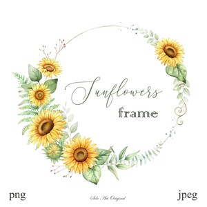 Moldura floral Girassóis Clipart guirlanda Fundo verde botânico aquarela PNG JPEG Folhado convite de casamento ilustração de cartão comemorativo