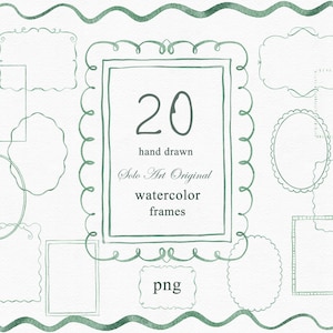 Marcos caprichosos dibujados a mano, clipart, bordes ondulados de acuarela verde PNG con remolinos y garabatos para invitaciones, Canva, bodas, baby showers y revistas.