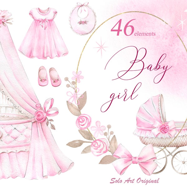 Petite fille Clipart Nursery blush rose Enfants Clipart Aquarelle peinture Nouveau-né Baby Shower Invitation