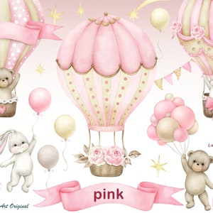 Baby girl shower, Teddy bear, Hot air balloons, Baby bunny, kite, clouds, pink floral clipart PNG Watercolor painting Clip art Greeting card