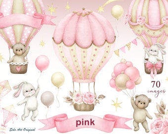 Baby girl shower, Teddy bear, Hot air balloons, Baby bunny, kite, clouds, pink floral clipart PNG Watercolor painting Clip art Greeting card