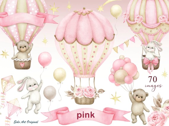 Baby Girl Shower Teddy Bear Hot Air Balloons Baby Bunny Etsy Baby Girl Shower Teddy Bear Hot Air Balloons Baby Bunny Etsy