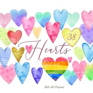 Clipart de corazones de arcoíris para el día de San Valentín. Conjunto de corazones de amor. Acuarela pintada a mano. Diseño de invitaciones de boda de oro rosa, azul y dorado. Compromiso