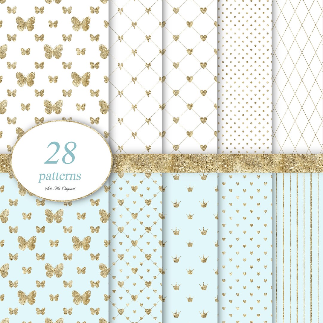 Baby Blue Golden Scrapbook Paper Geometric Patterns Digital Paper ...