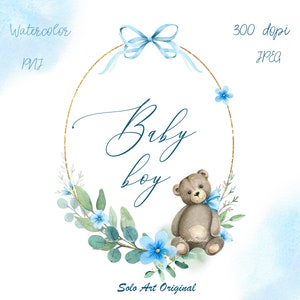 Baby-Dusche-Rahmen Teddy kleiner Bär PNG JPEG Clipart Aquarell ovalen Rahmen mit blauen Blumen Kranz Clip Art Grußkarte Scrapbooking