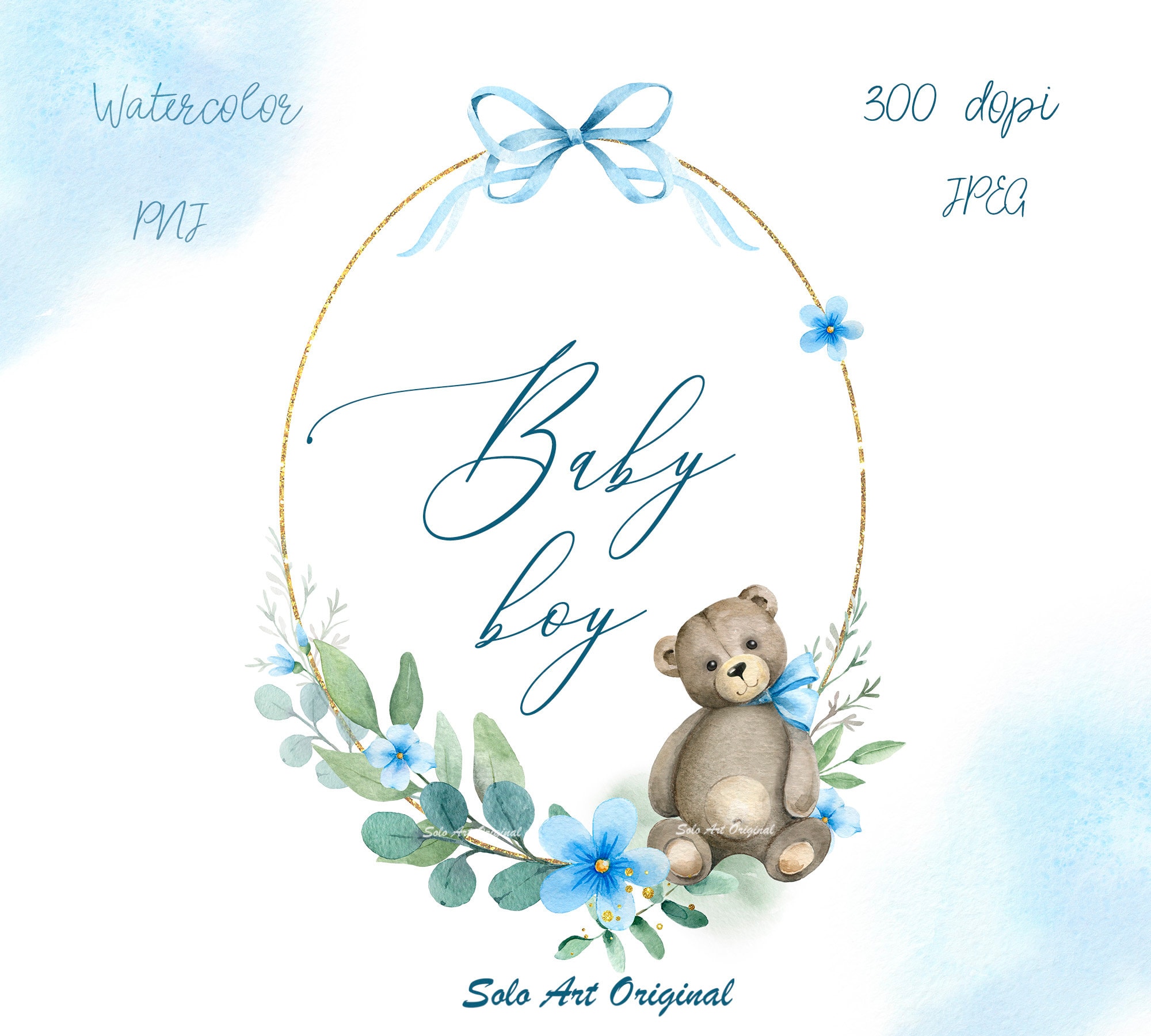 Baby boy shower Frame Teddy Little bear PNG JPEG Clipart Watercolor oval frame with blue flowers  Wreath Clip art Greeting card Scrapbooking
