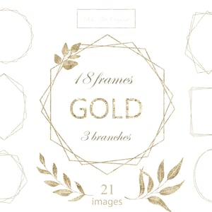 May include: A collection of gold geometric frames and leaf branches on a white background. The image includes the text "18 frames GOLD 3 branches 21 images". The frames are in various shapes, including circles, ovals, and polygons.